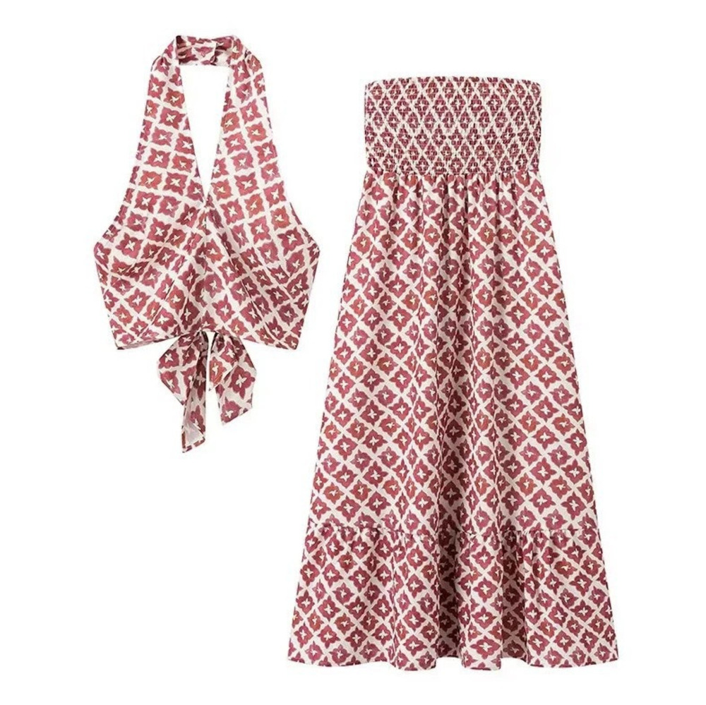 ZARA Summer Chic Printed Halter Neck Skirt Set